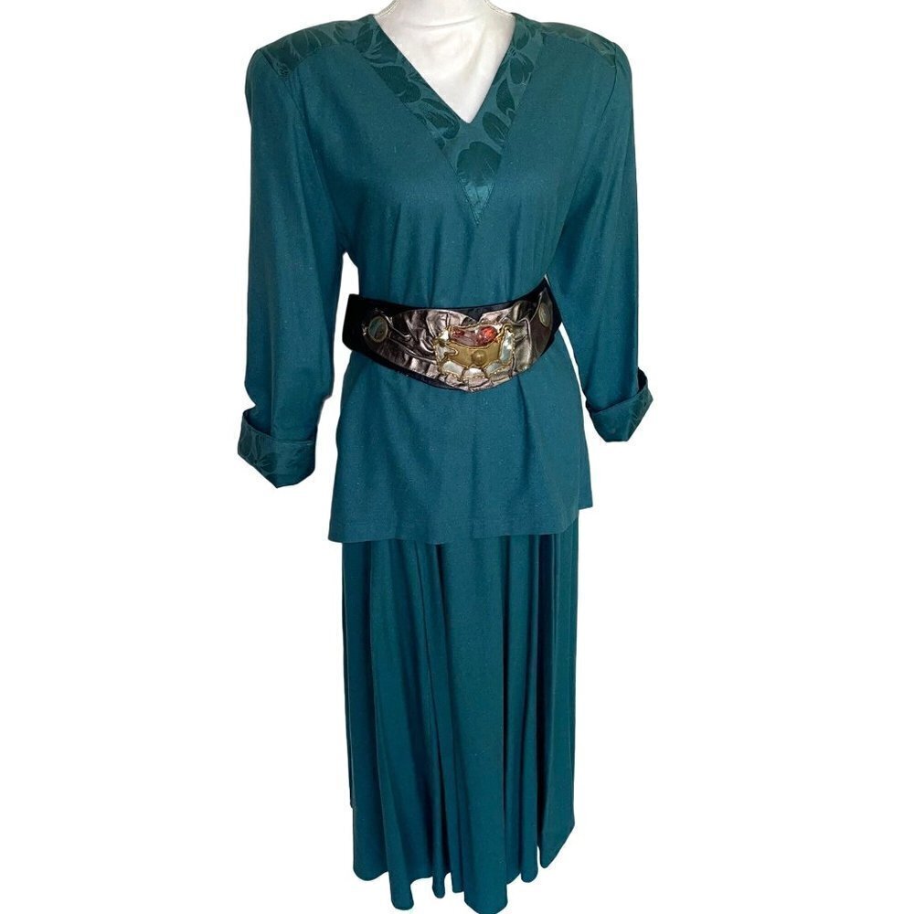 Tobria Womens Skirt Set Green Size Large Vintage Raw Silk Maxi V Neck Side Slits
